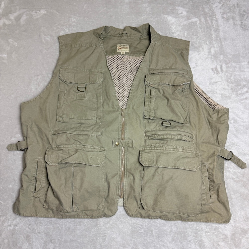 Cabelas Safari Series Vest Mens 4XL Khaki Tan Multi Pocket Fishing Utility Gorp
